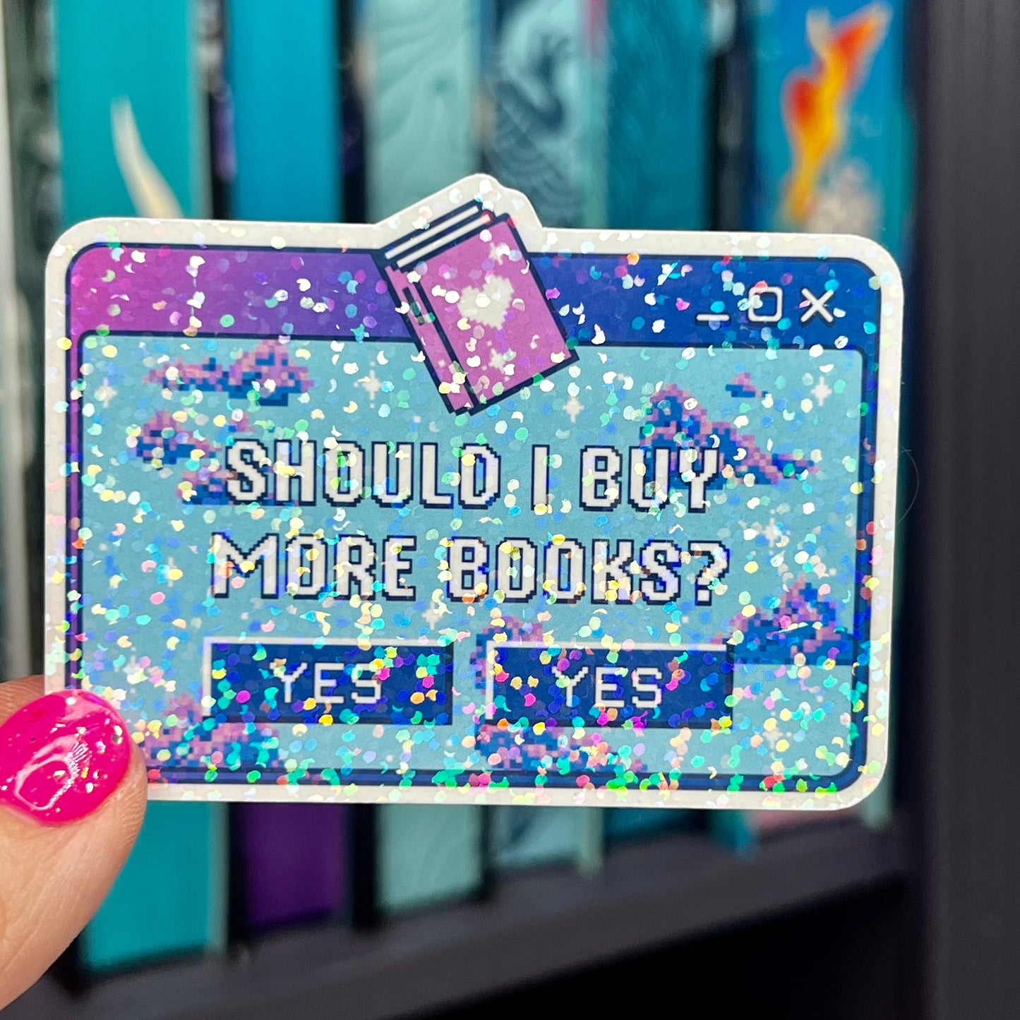 Should I Buy More Books Retro Sticker Holographic Book Lover Sparkly Decal, Spicy Dark Romance, kindle waterbottle laptop