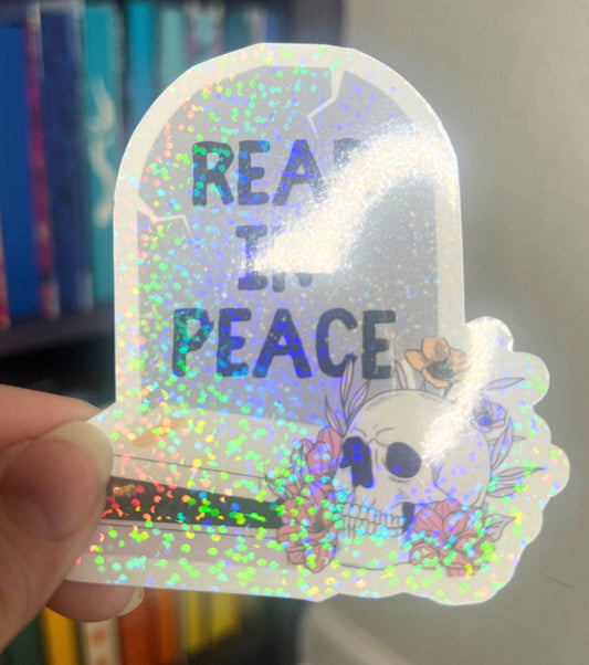 Read In Peace Holographic Sticker, Halloween Booktok Decal, Kindle Decor, Reader Waterbottle sticker, sparkly book tbr decal, Bookish