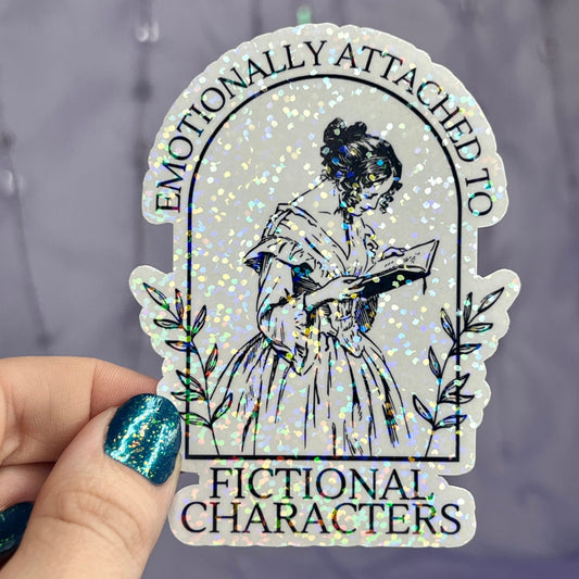 Emotionally Attached to Fictional Characters Sticker Holographic Book Lover Sparkly Decal, Spicy Dark Romance, kindle waterbottle laptop