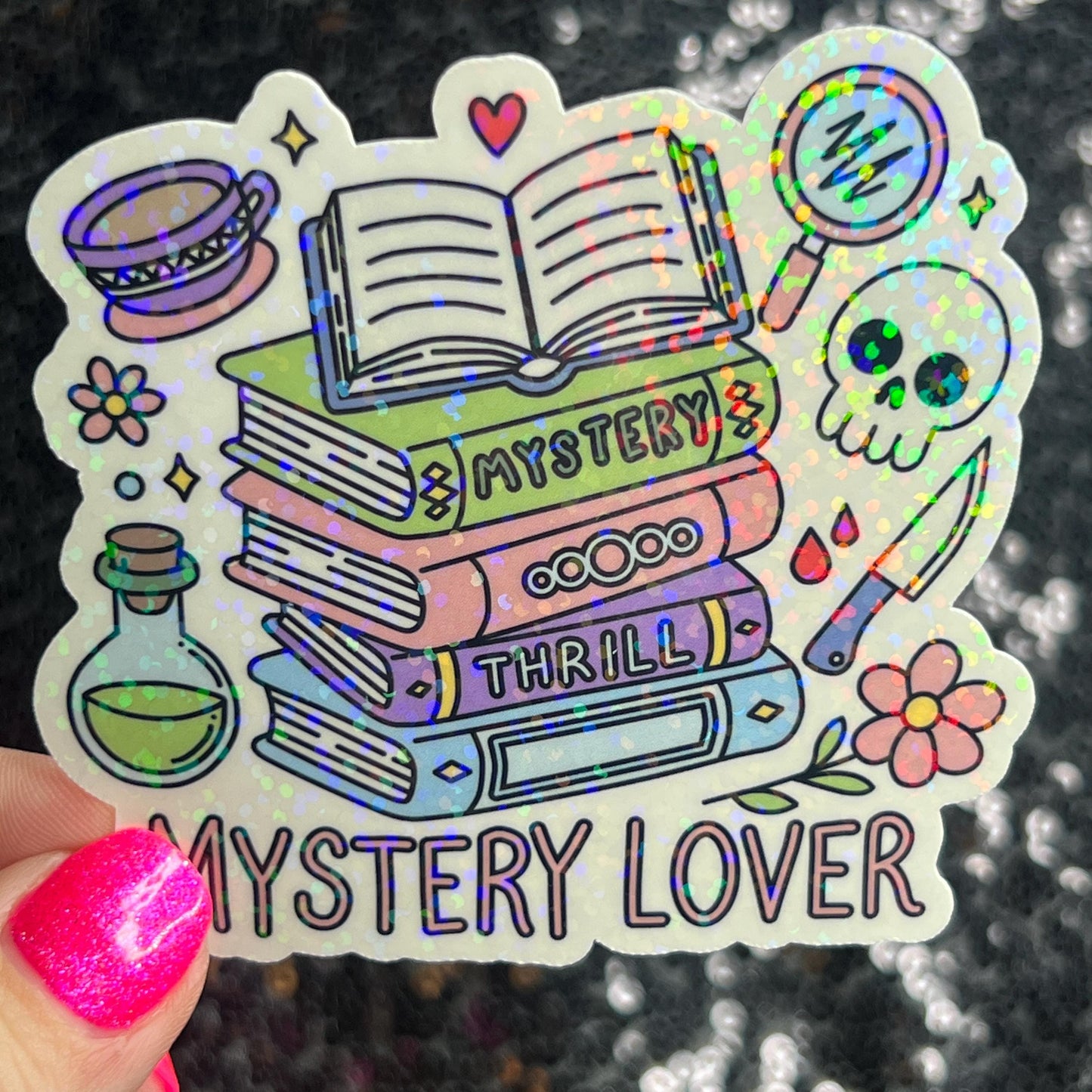 Mystery Lover Holographic Sticker Decal, Cozy Mystery Reads Bookish kindle waterbottle laptop Reader Bookish Present Gift