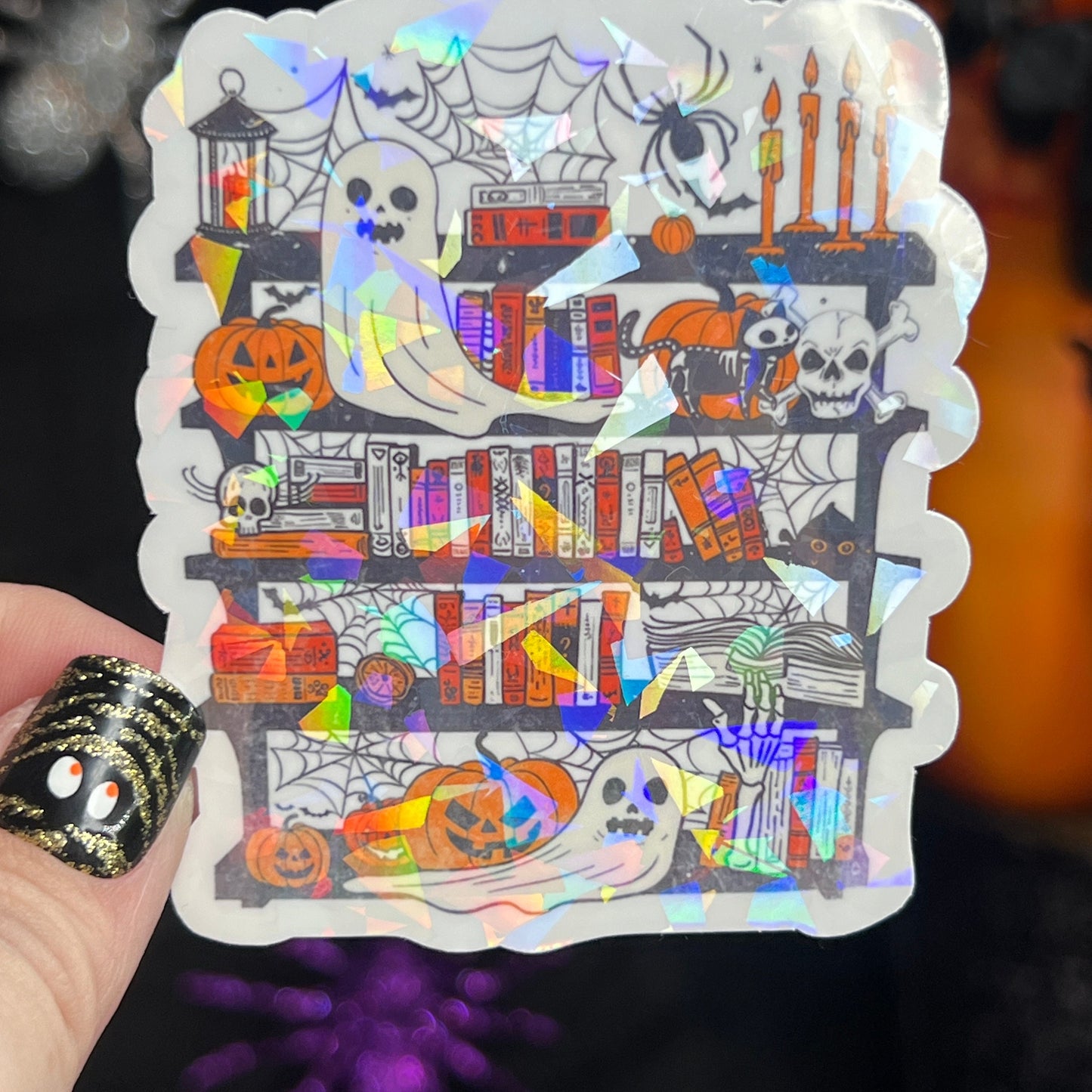 Spooky Ghost Halloween Bookshelf Holographic Sticker Halloween Kindle Decal Spooky Fall Reader Gift Bookish Decal