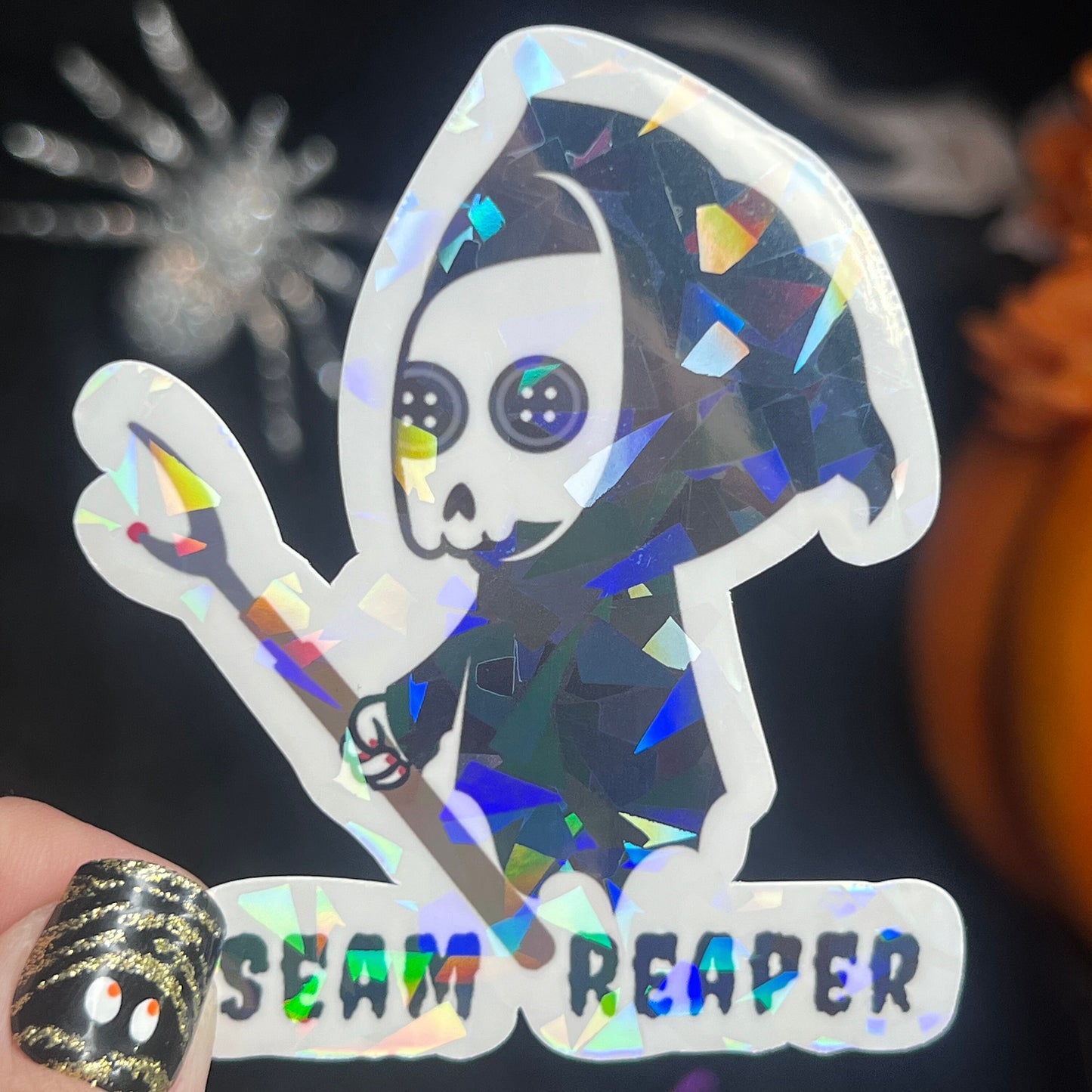 Seam Ripper Reaper holographic sticker thimble quilting sticker quilter Halloween decal sewing machine sticker sparkly cross stitch sticker