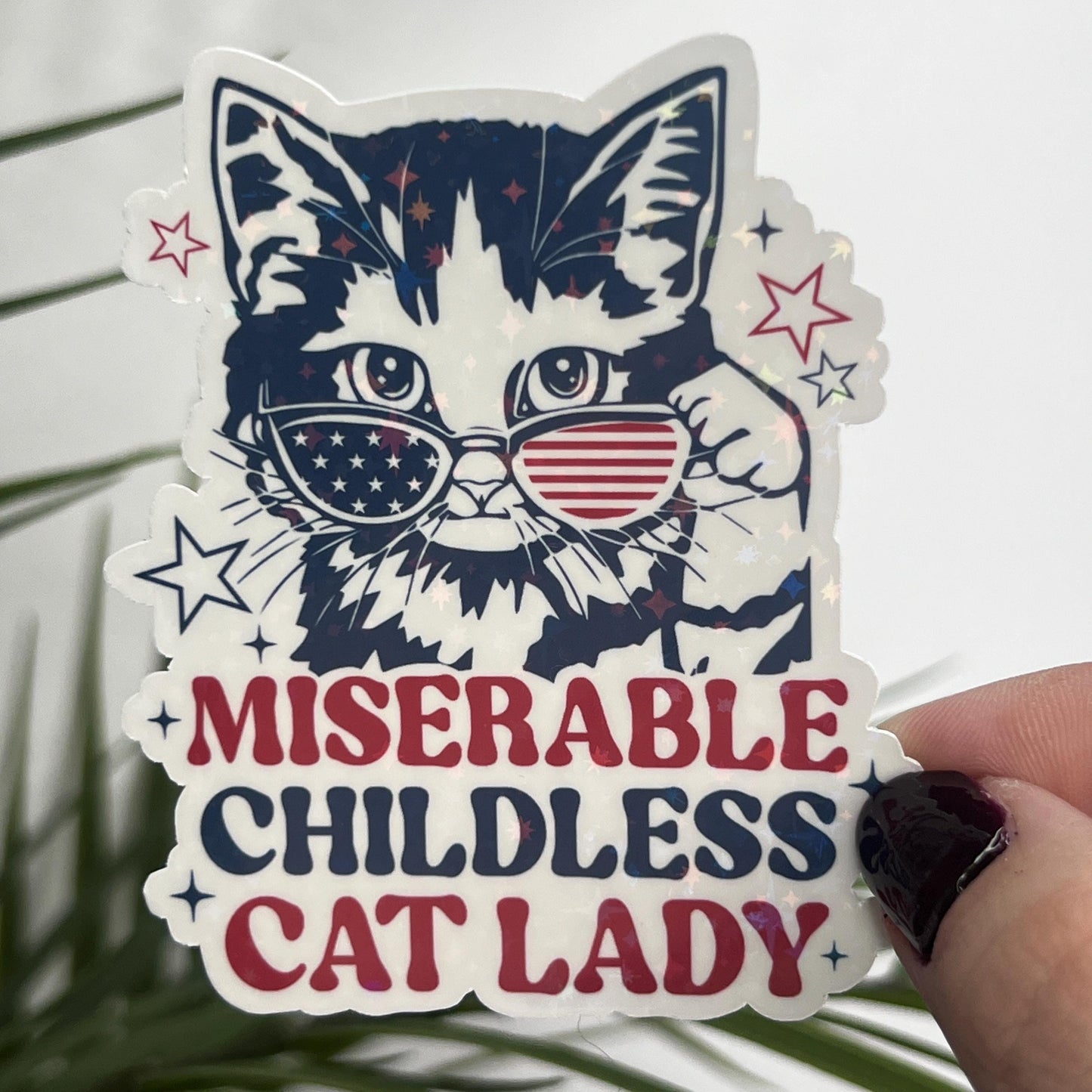 Miserable Childless Cat Lady Holographic Sticker Kamala Walz Decal Anti Trump JD Vance Pro Choice Feminist Sticker Liberal Democrat Decal