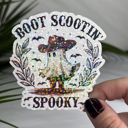 Boot Scootin Spooky Ghost Halloween Sticker | Mental Health Sticker Funny & Sassy Decal Sparkly Work Humor Sticker Spooky Season