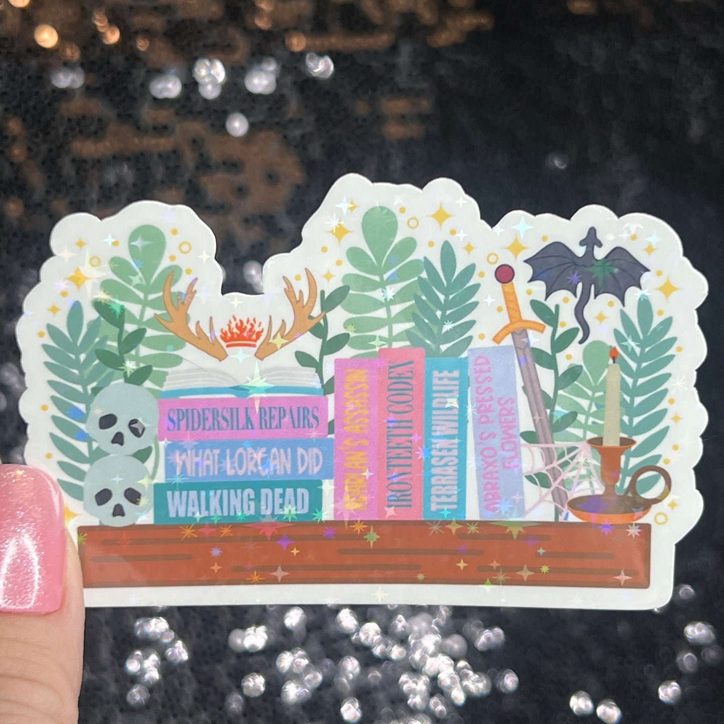 Throne of Glass Bookshelf Holographic Sticker Aelin The Thirteen Tog bottle decal Manon TOG laptop Kindle sticker Fireheart Dragon Wyvern