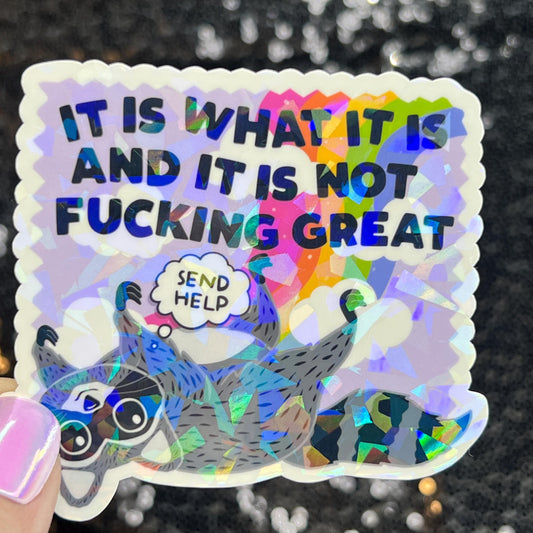 It is what it is and it is not fing great Silly Dark Humor Holographic Sticker Sparkly Spread Positivity Good Vibes Decal Inspirational