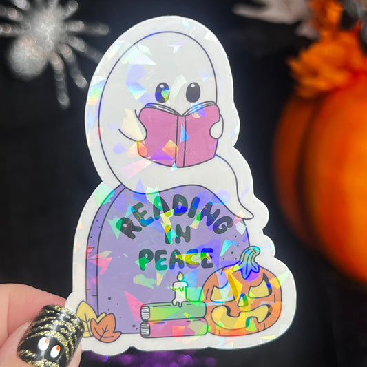 Reading in Peace Ghost Halloween Bookshelf Holographic Sticker Halloween Kindle Decal Spooky Fall Reader Gift Bookish Decal