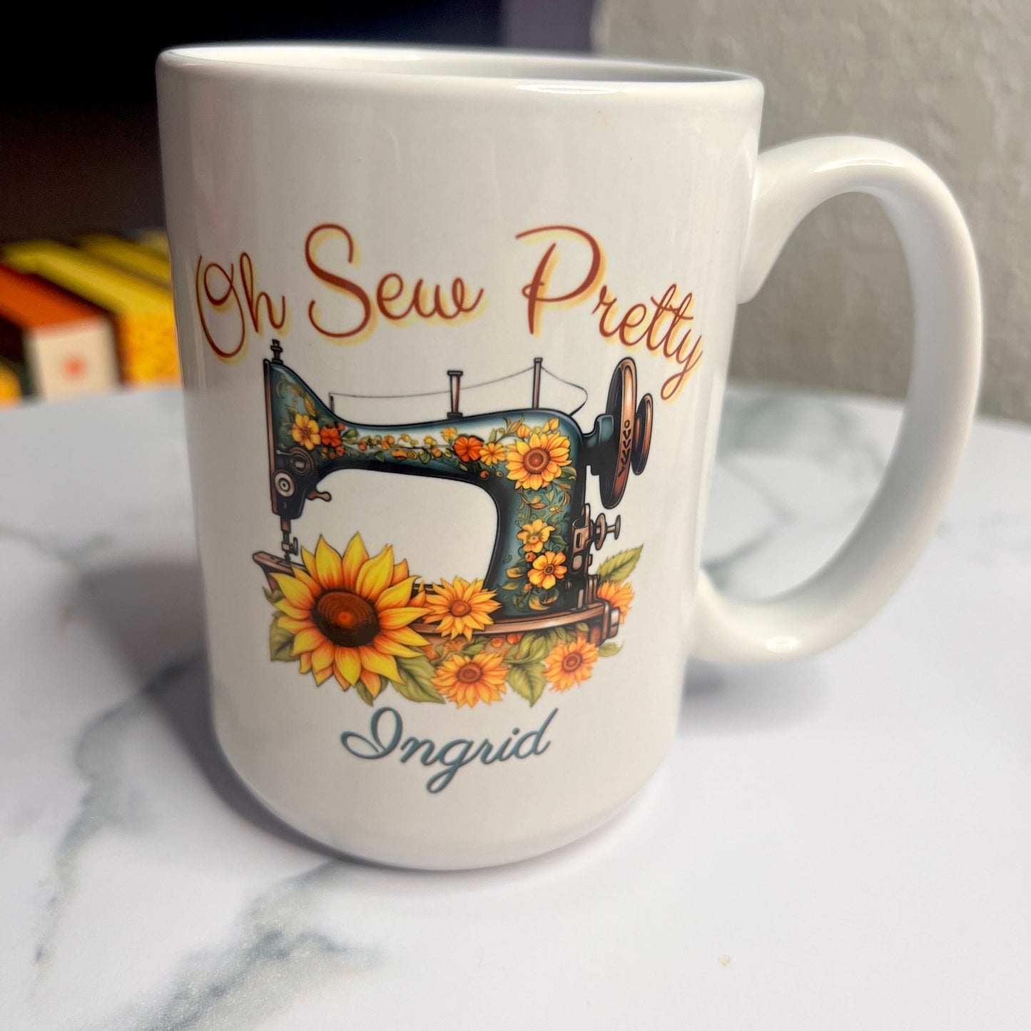 Oh Sew Pretty custom coffee mug, quilting personalize cup, sewing coffee glass, sunflower quilting glass