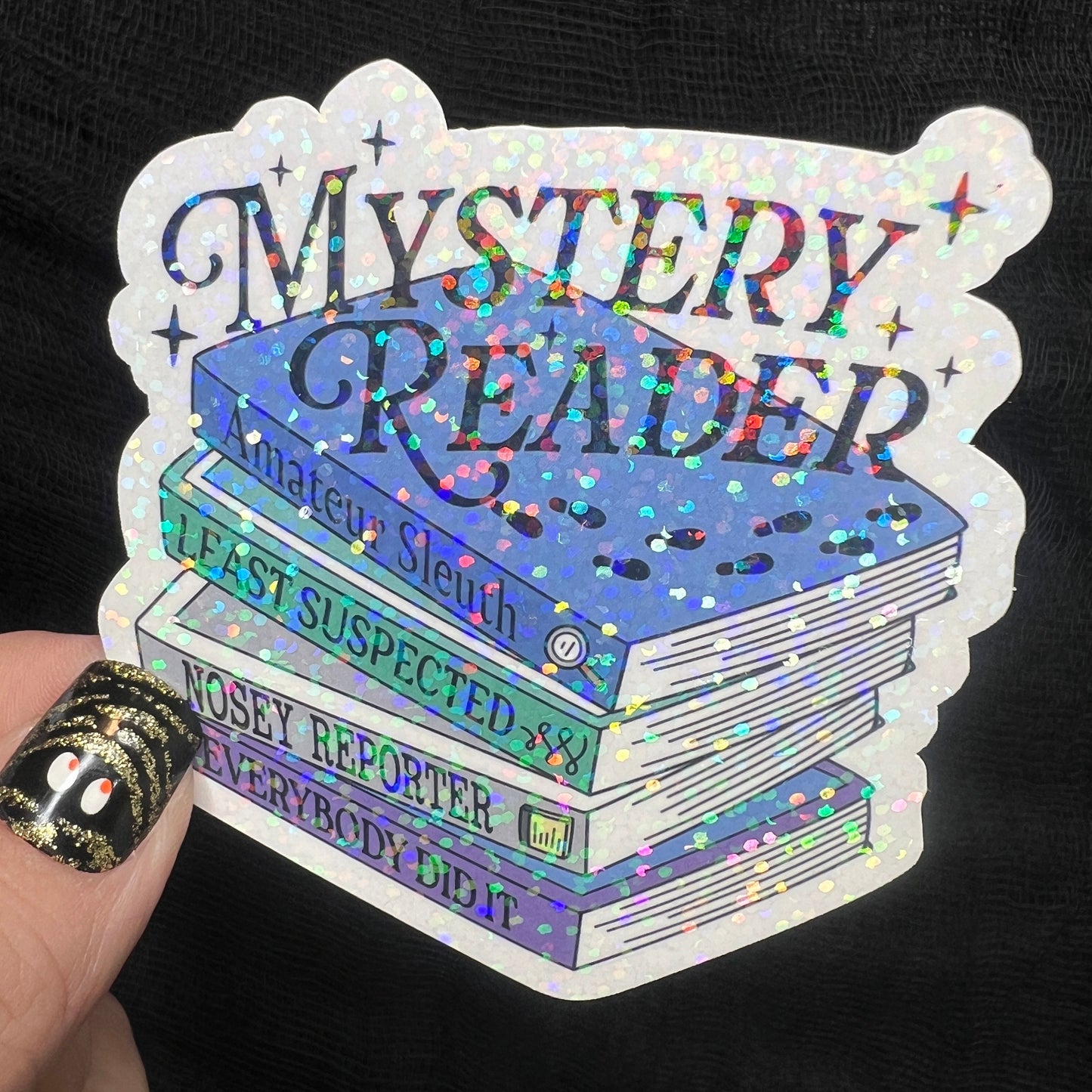 Mystery Reader Book Club Holographic Sticker Decal, Cozy Mystery Reads Bookish kindle waterbottle laptop Reader Bookish Present Gift
