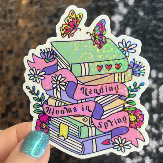 Reading Blooms in Spring floral sparkly holographic sticker Decal for Readers bookish sticker gift for readers kindle laptop decal