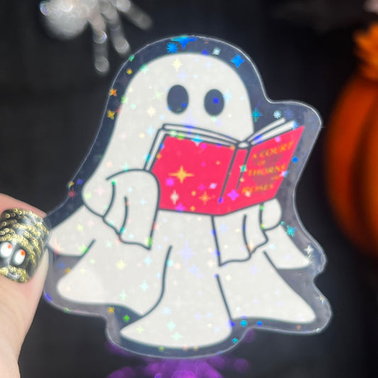 Halloween ACOTAR Ghost Reading Holographic Sticker Sparkly Sticker ACOTAR Decal Kindle Sticker Spicybook Sticker SJM Stickers