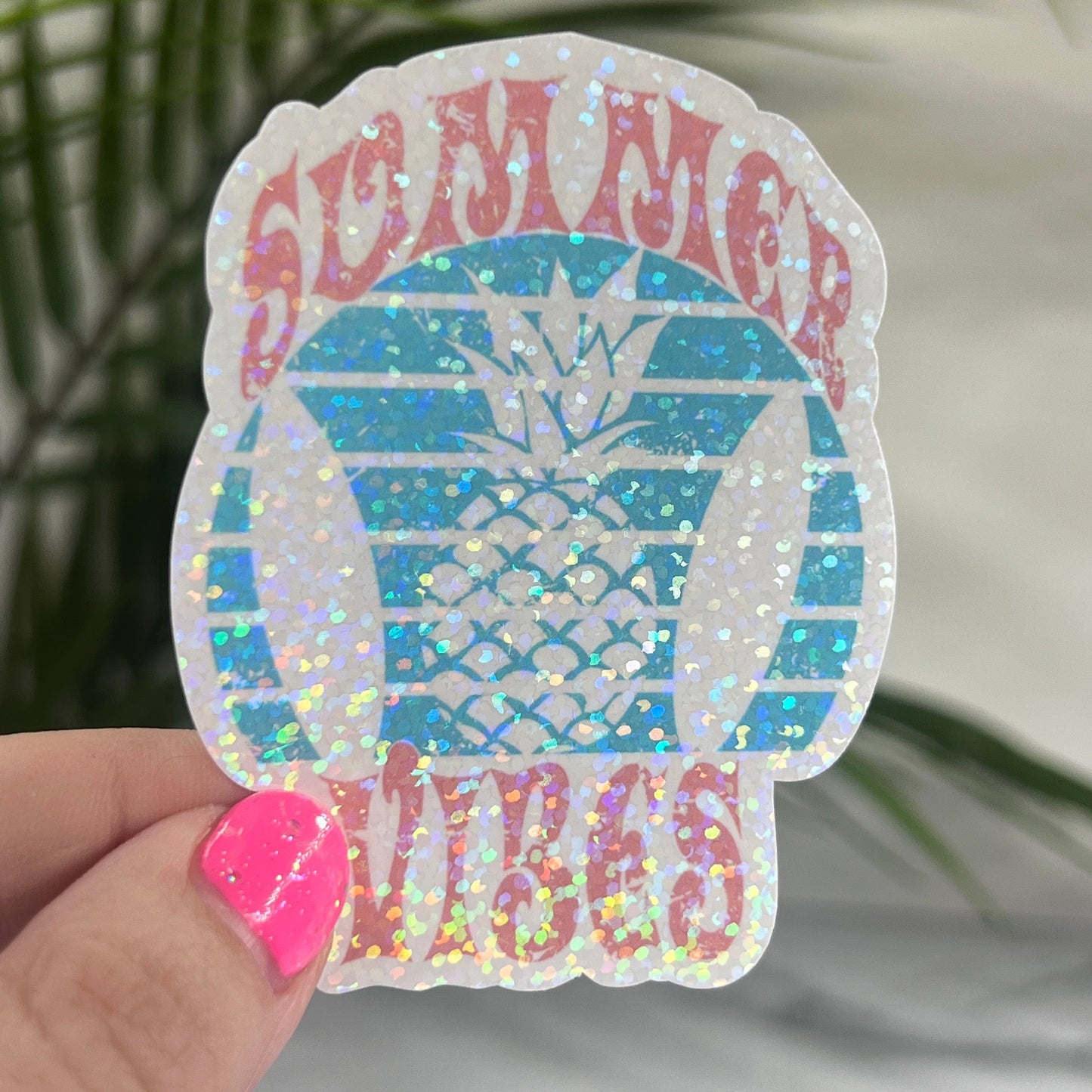 Summer Vibes Blue Pink Surfing Retro Holographic Sparkly Sticker Beach Life Decal Boating Sticker Summer Vacation Ocean Life Sticker