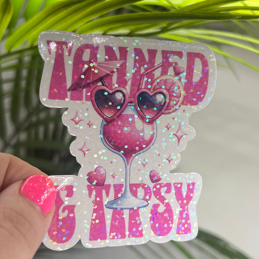 Tanned and Tipsy Pink Retro Holographic Sparkly Sticker Beach Life Decal Boating Sticker Summer Vacation Ocean Life Sticker Family Cruise