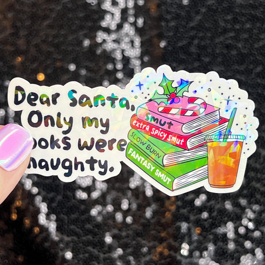 Dear Santa Only My Books Were Naughty Christmas Holographic Sticker Xmas Bookish Kindle Reader Decal Book Lover Christmas Gift Stocking