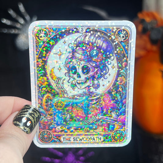 The Sewciopath skeleton holographic sticker thimble quilting sticker quilter Halloween decal sewing machine sticker cross stitch sticker