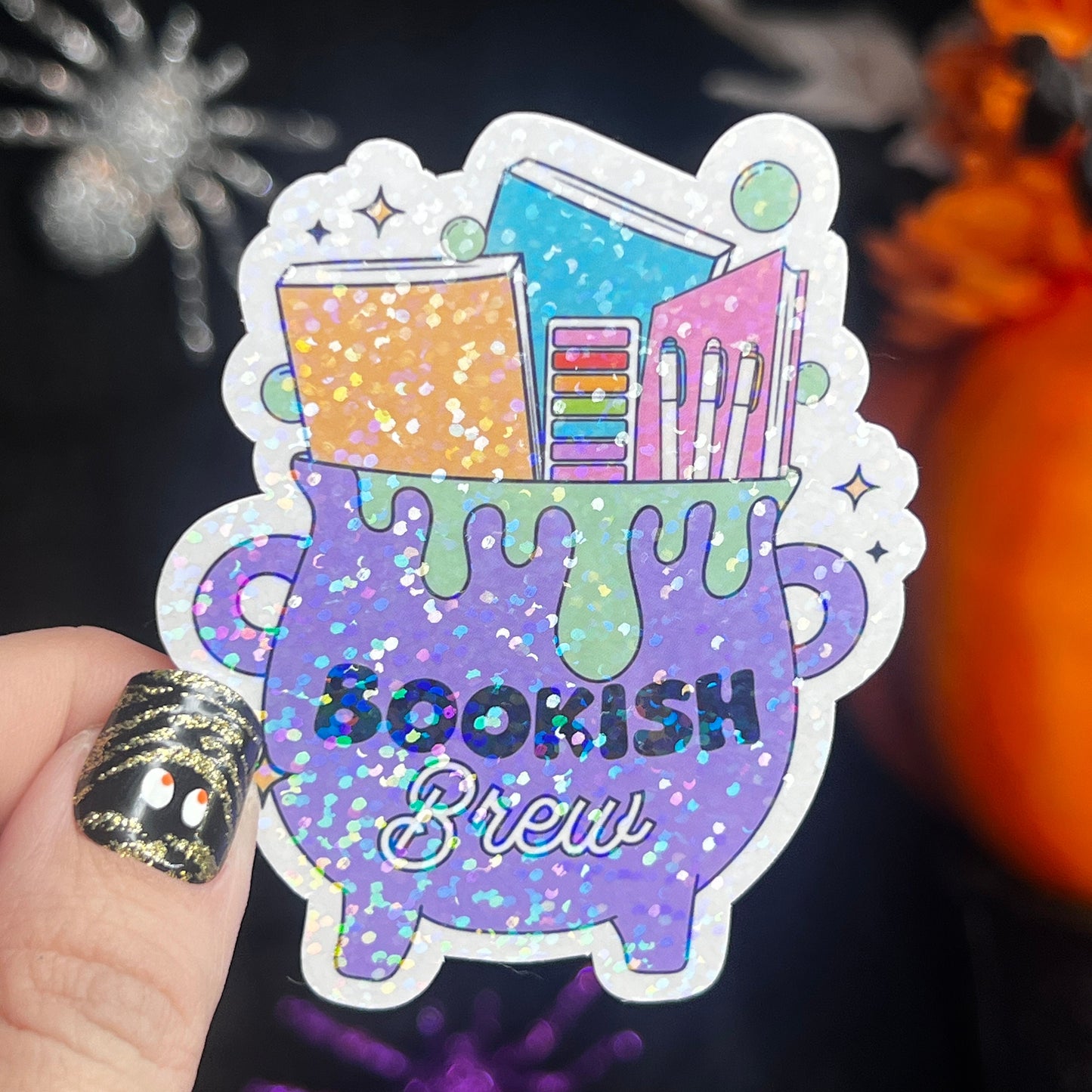Purple Bookish Cauldron Halloween Bookshelf Holographic Sticker Halloween Kindle Decal Spooky Fall Reader Gift Bookish Decal