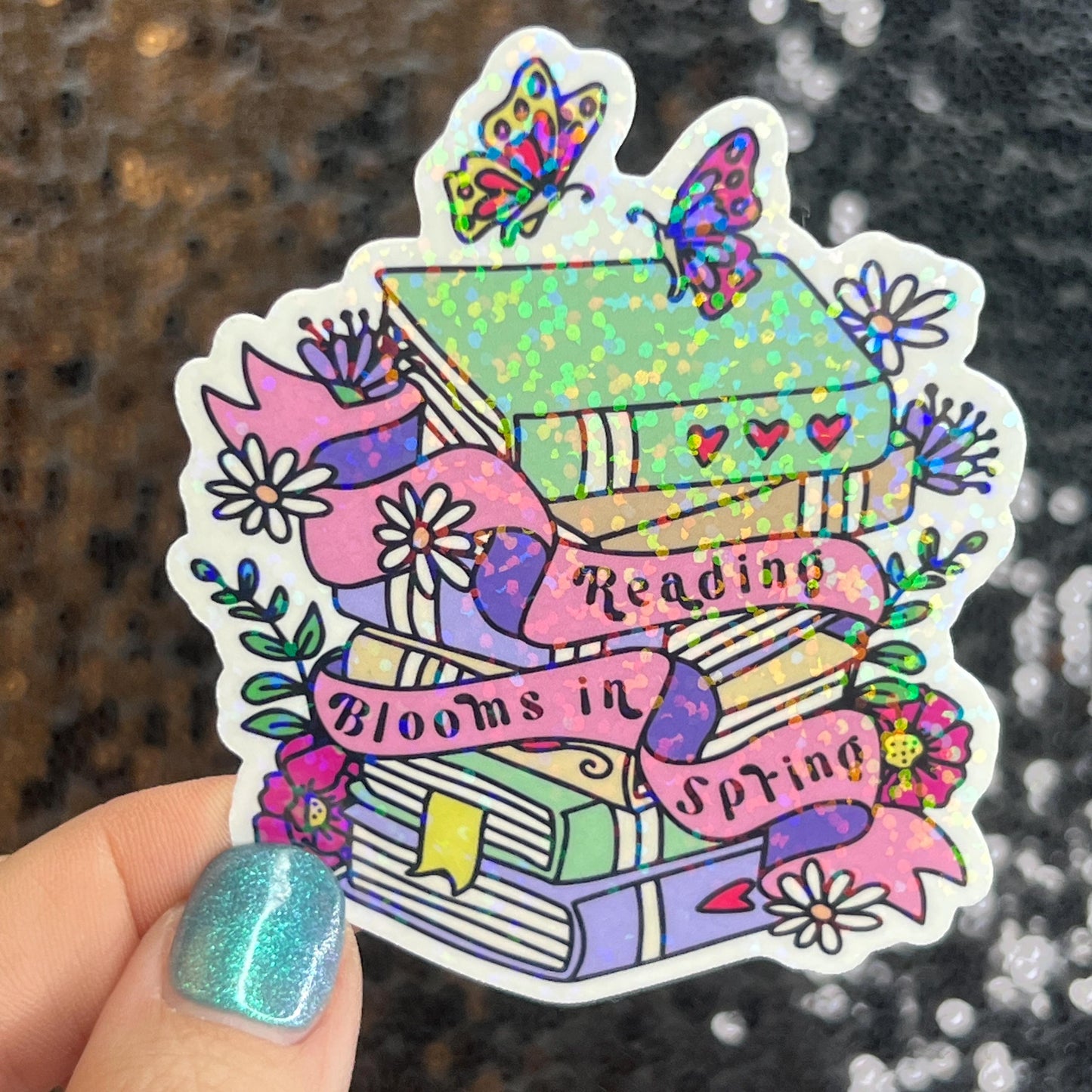 Reading Blooms in Spring floral sparkly holographic sticker Decal for Readers bookish sticker gift for readers kindle laptop decal