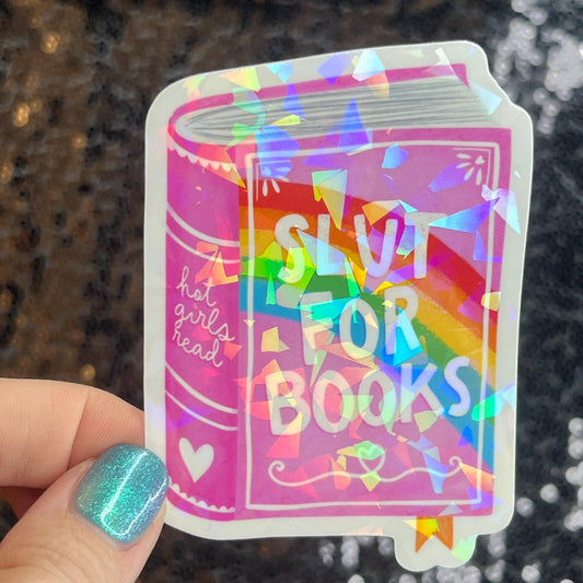 Slut for Book pink Sparkly Sticker Holographic Book Book Lover, Spicy Dark Romance, Booktok, kindle laptop Romance Decal