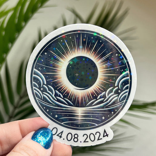 Solar Eclipse Holographic Sparkly Sticker 4.8.2024 Eclipse Souvenir Decal Solar Eclipse 2024 Sticker astronomy lover waterbottle sticker