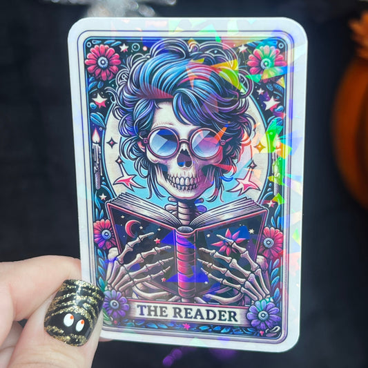 The Reader Tarot Card Sticker Holographic Book Lover Sparkly Decal, Spicy Dark Romance, kindle waterbottle laptop