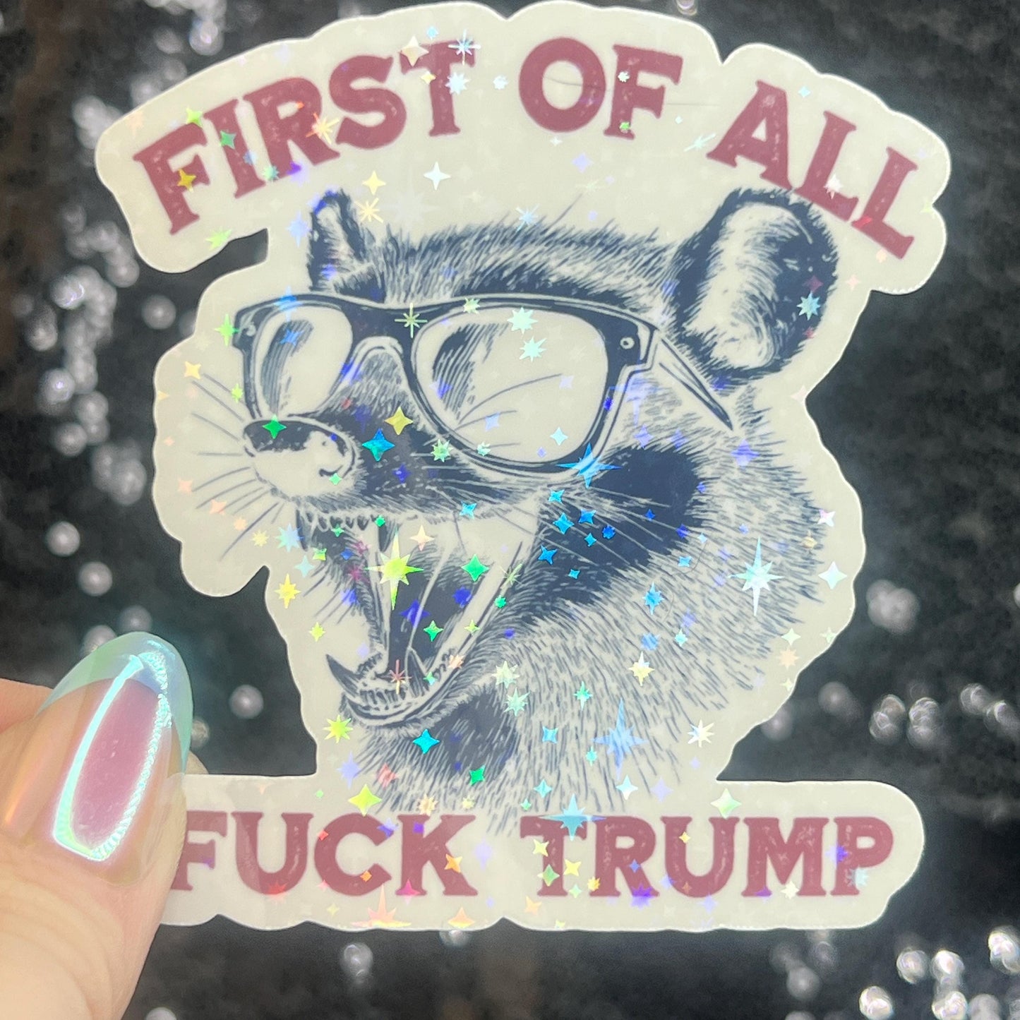 First of All F Trump Possum Sparkly Holographic Sticker F Trump Decal Democrat Liberal Feminist Sticker Human Rights Oligarchy Sticker