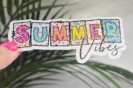 Summer Vibes Rainbow Holographic Sparkly Sticker Beach Life Decal Boating Sticker Summer Vacation Ocean Life Sticker