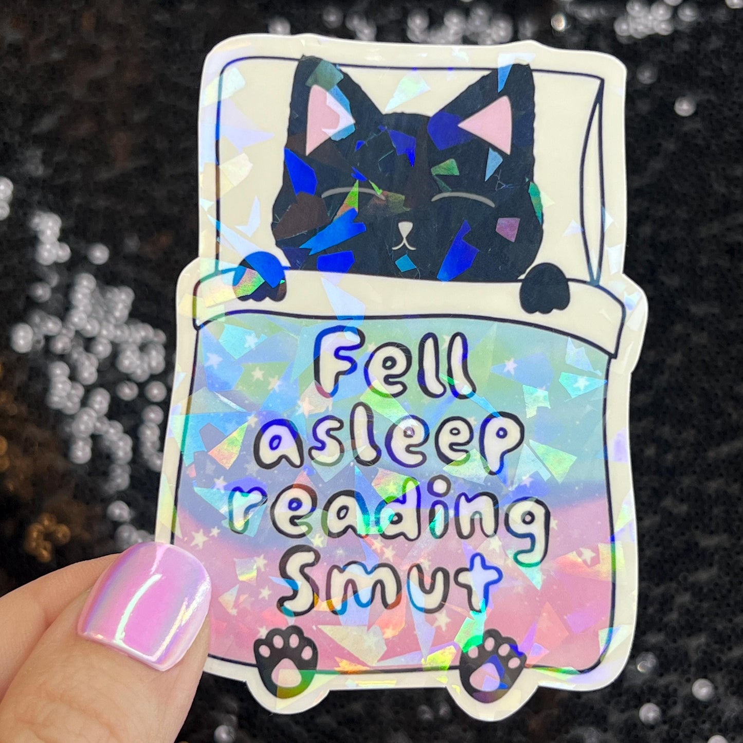 Fell Asleep Reading Smut Sparkly Sticker Holographic Book Book Lover, Spicy Dark Romance, Booktok, kindle waterbottle laptop Romance Decal