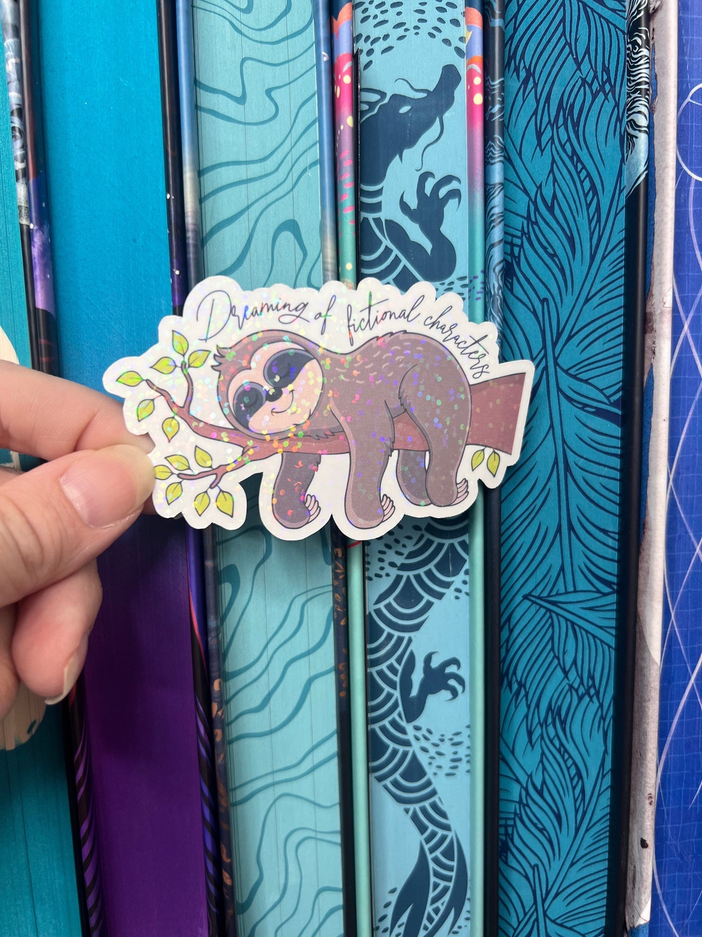 Dreaming of Fictional Characters Holographic Sticker sloth romance book lover decal reader kindle Waterbottle bookish book boyfriend booktok