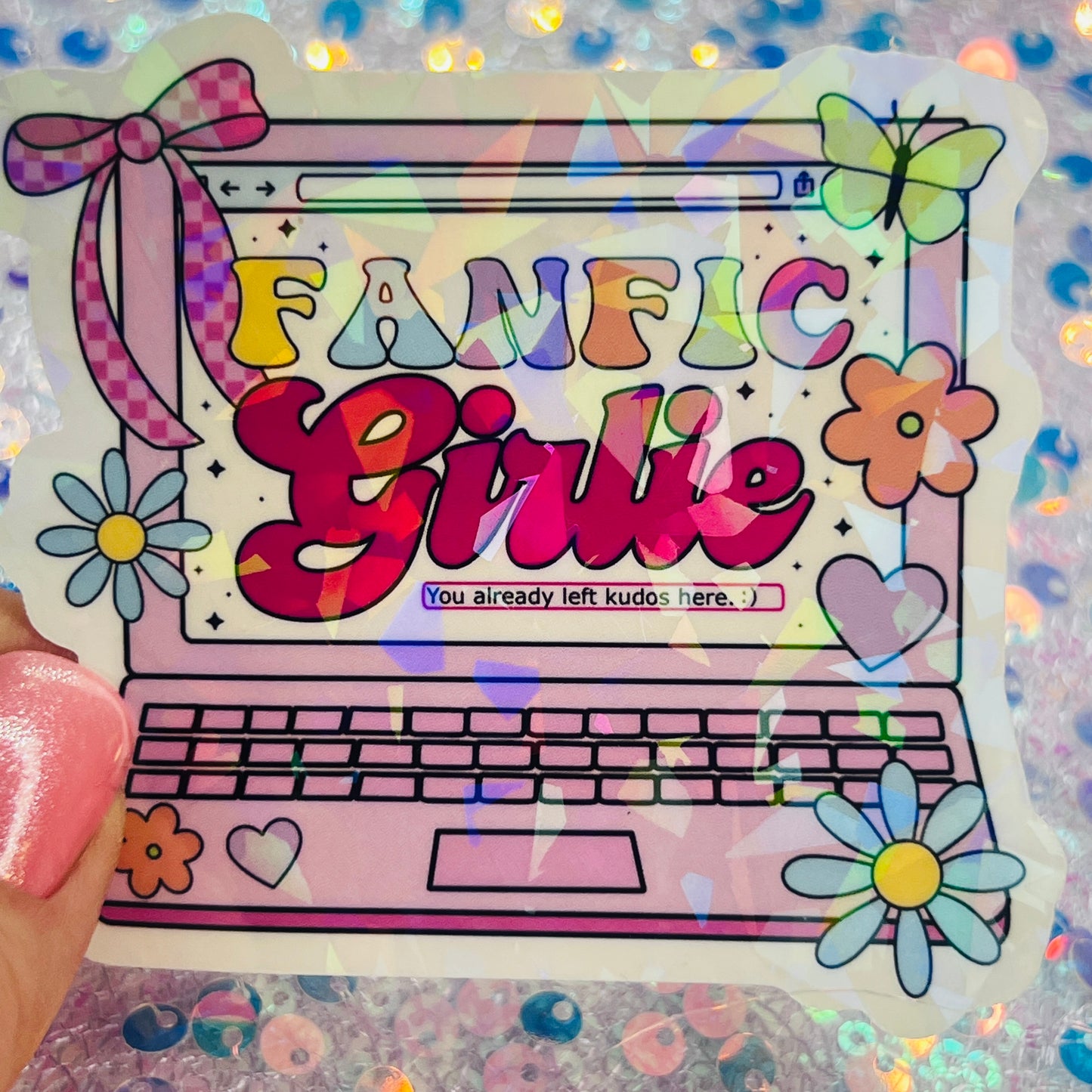 Fanfic Girlie Holographic Bookish Laptop Sticker