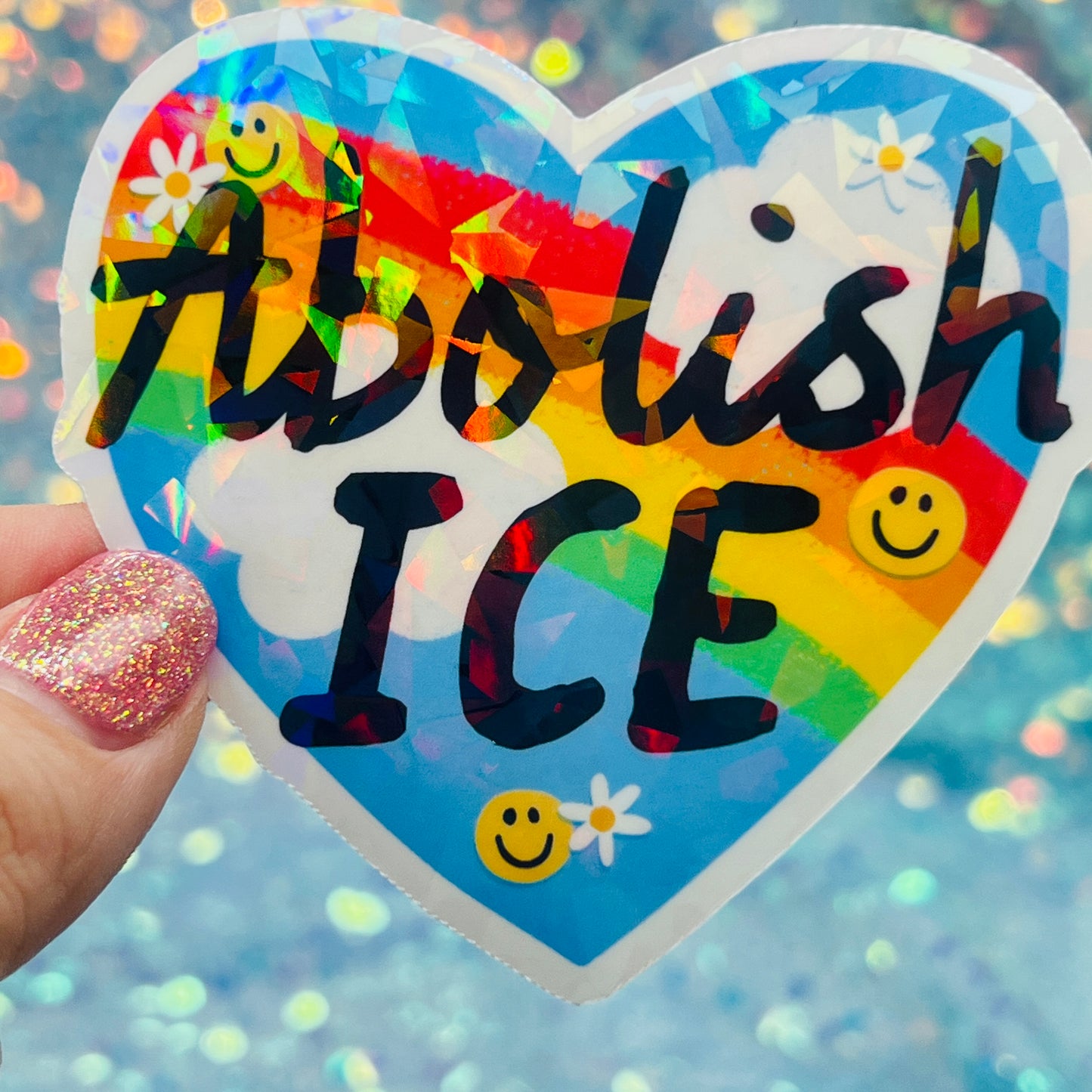 Abolish ICE Rainbow Heart Holographic Activist Sticker