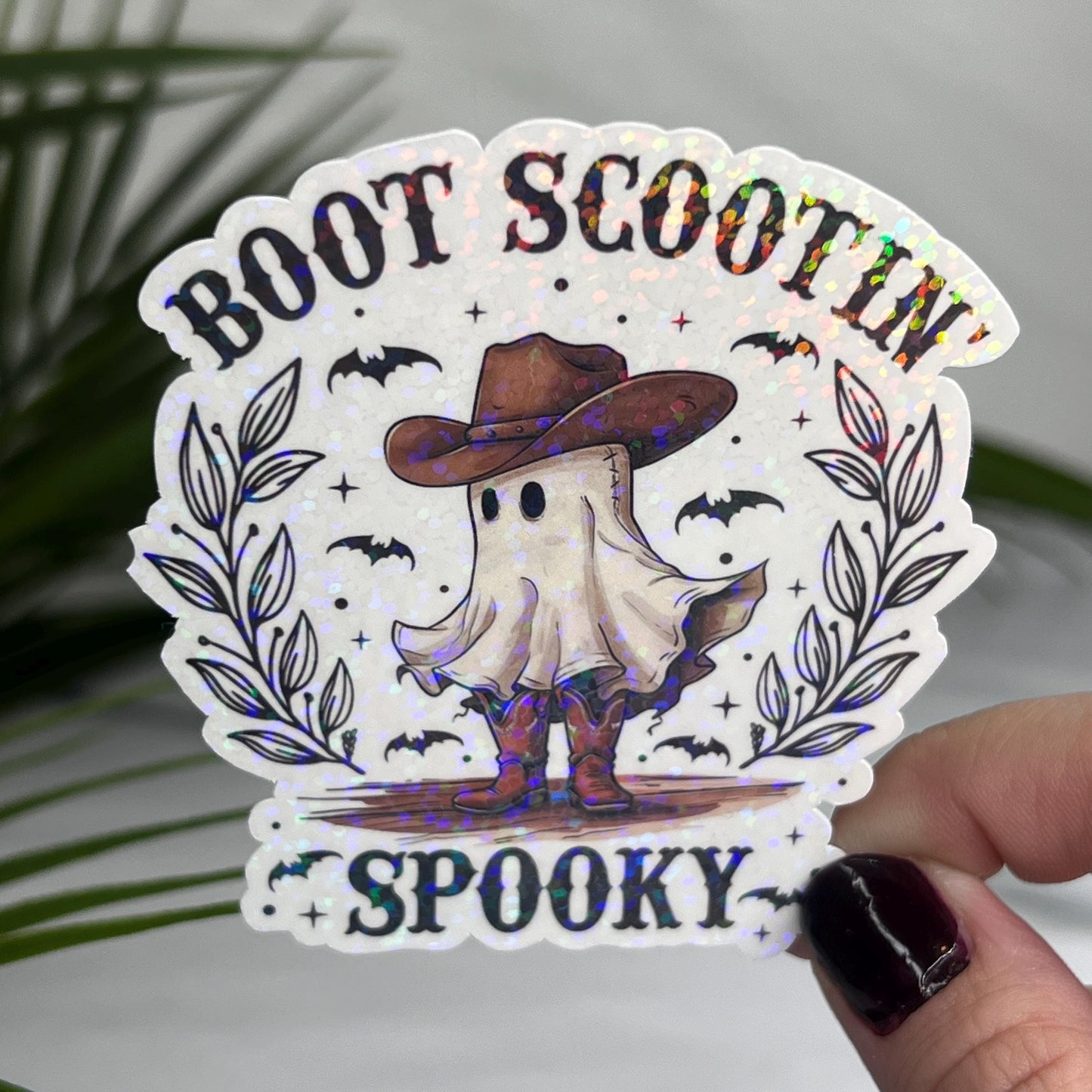 Boot Scootin Spooky Ghost Halloween Sticker | Mental Health Sticker Funny & Sassy Decal Sparkly Work Humor Sticker Spooky Season