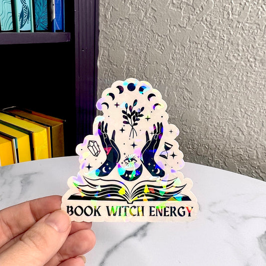 Book Witch Energy Holographic Sticker, Spicy Dark Romance, Booktok, kindle waterbottle laptop stickers Halloween book decal celestial book