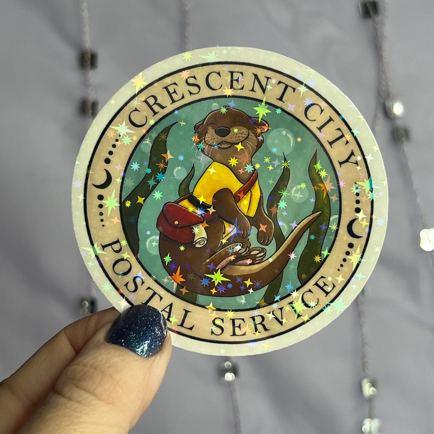 Crescent City River Otter Postal Service Holographic Sticker, HOSAB HOEAB Decal, SJM laptop waterproof sticker bookish Waterbottle decal
