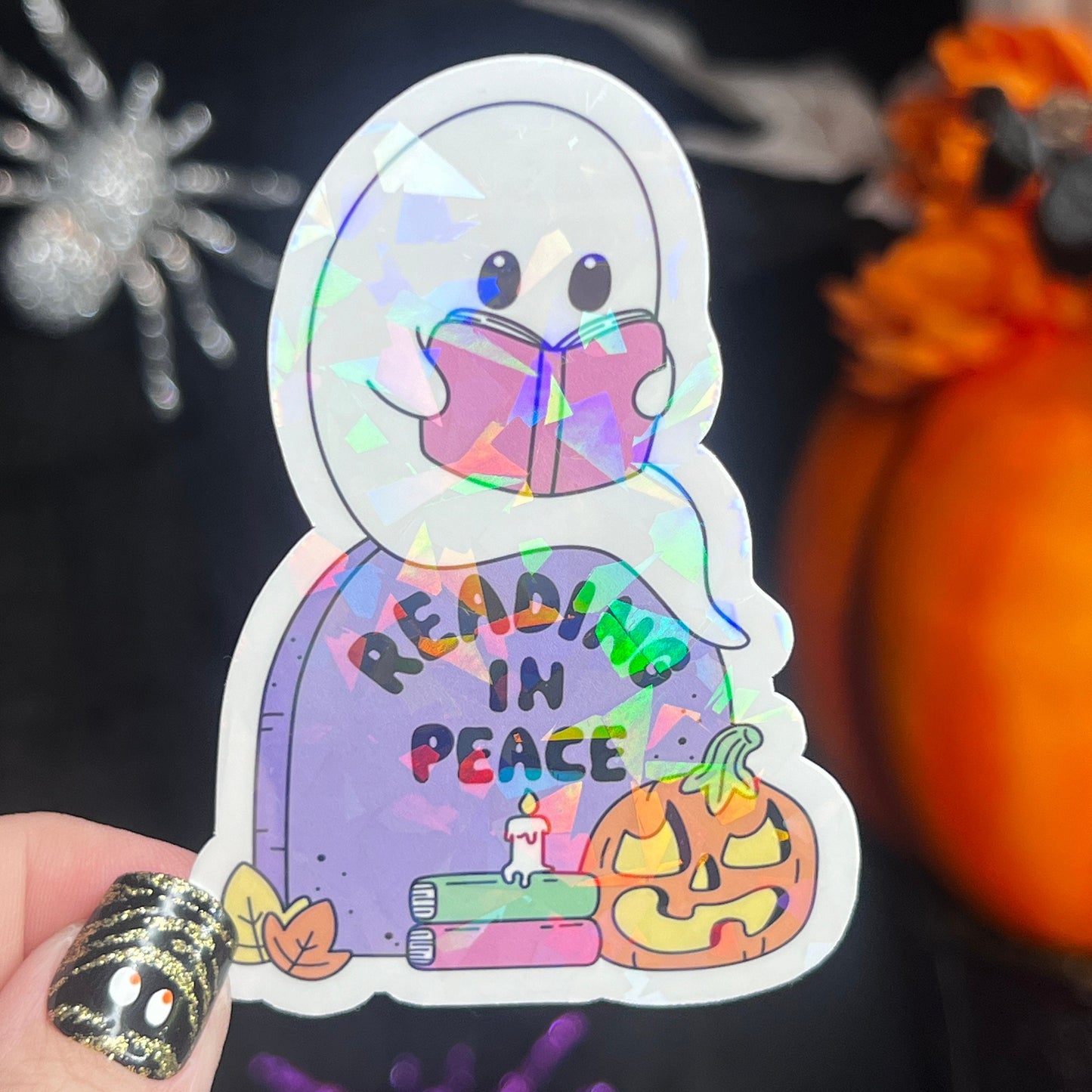 Reading in Peace Ghost Halloween Bookshelf Holographic Sticker Halloween Kindle Decal Spooky Fall Reader Gift Bookish Decal