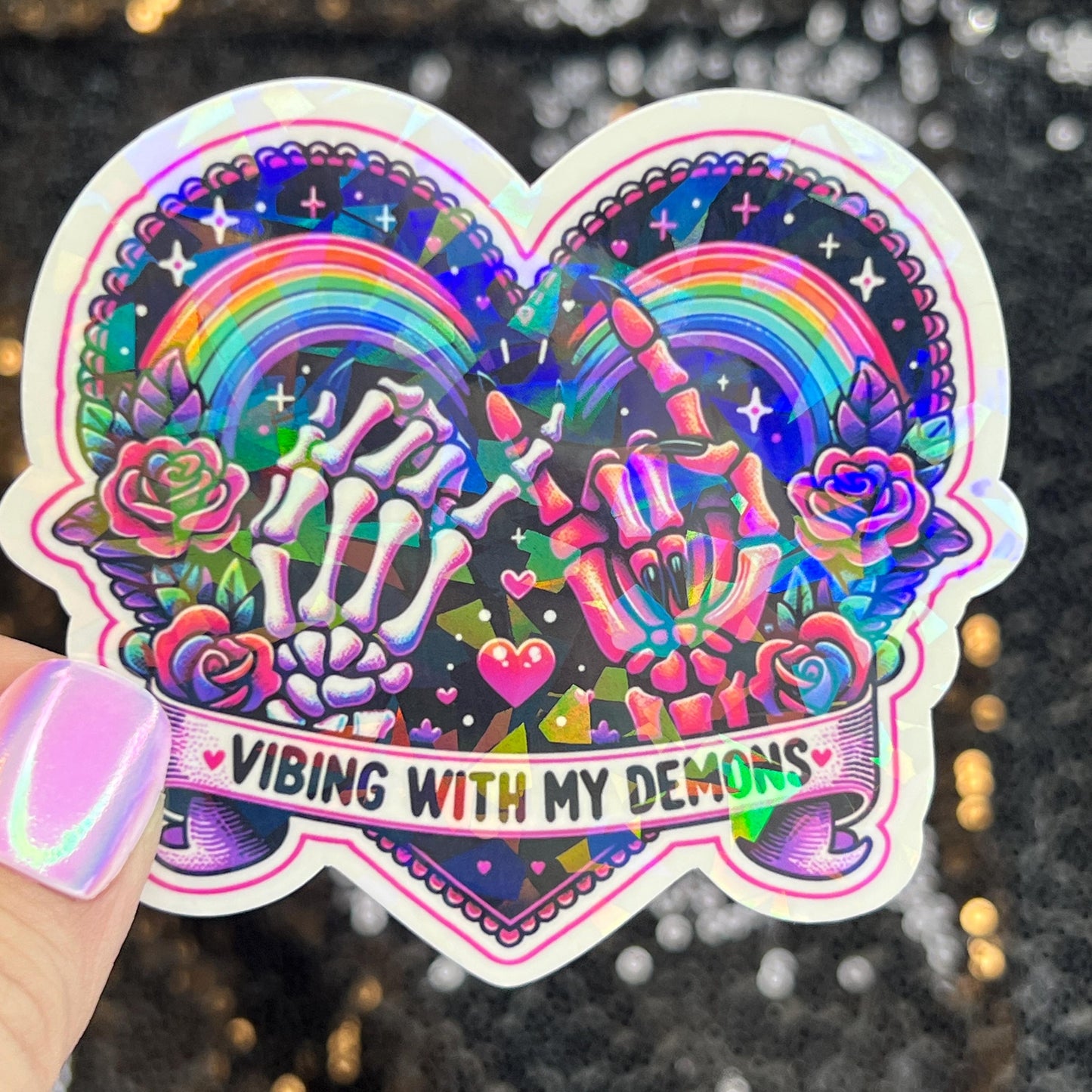 Vibing with my demons colorful Holographic Sticker Mental Health Sticker Sparkly Spread Positivity Good Vibes Decal Inspirational Rainbow