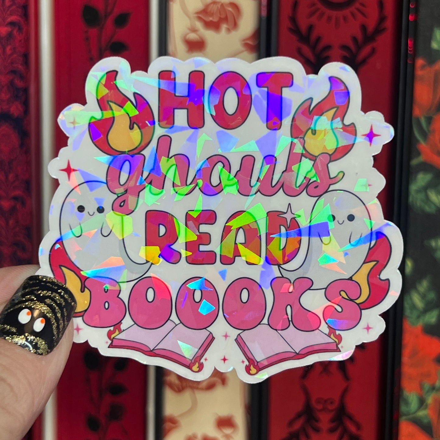 Hot Ghouls Read Books Spooky Pink Halloween Holographic Sticker Sparkly Decal, Spicy Dark Romance kindle waterbottle laptop Bookish Present