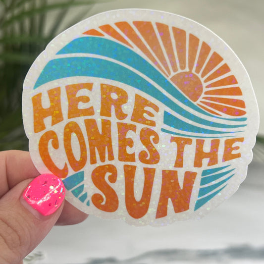 Here Comes the Sun Summer Holographic Sparkly Sticker Beach Life Decal Boating Sticker Summer Vacation Ocean Life Sticker