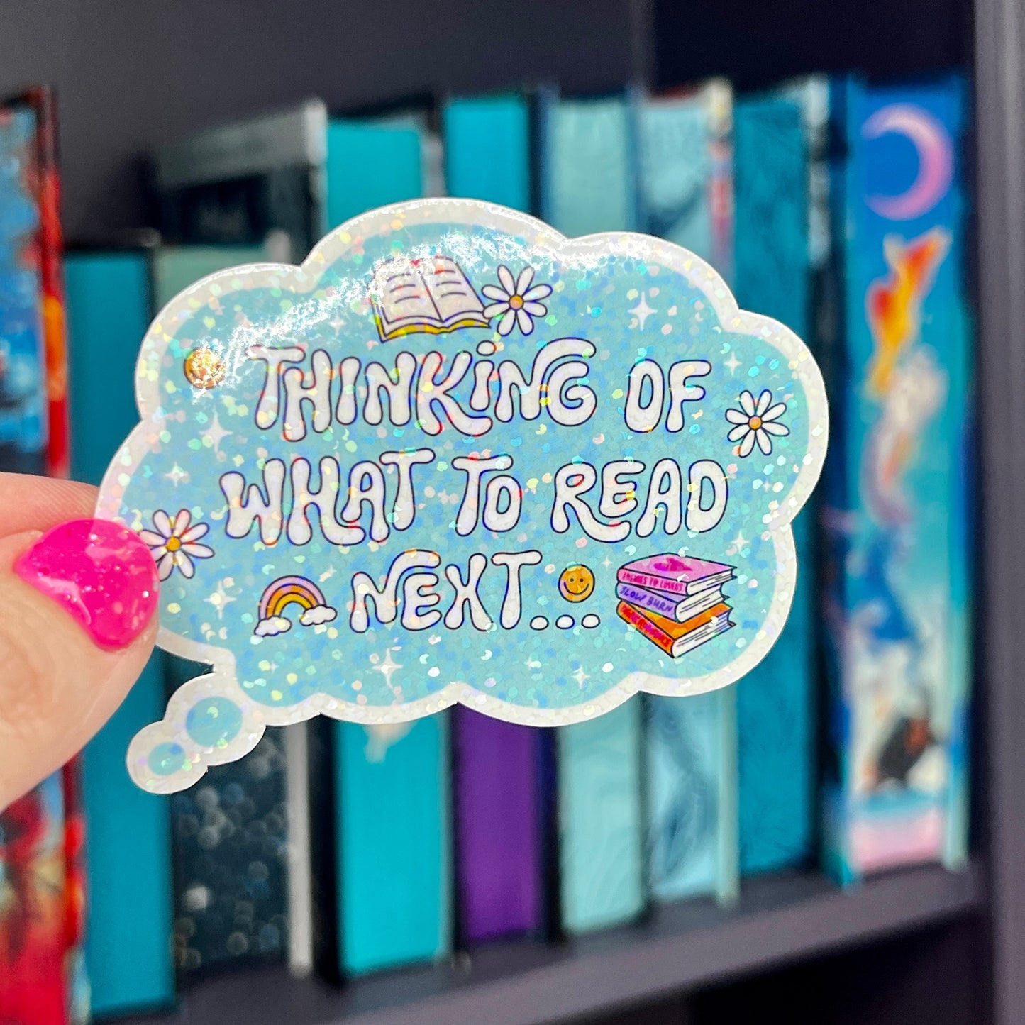 Blue Holographic Sticker | "Thinking About What to Read Next" | Book Lover Gift | Water-Resistant Vinyl | Reader Thought Bubble Sticker