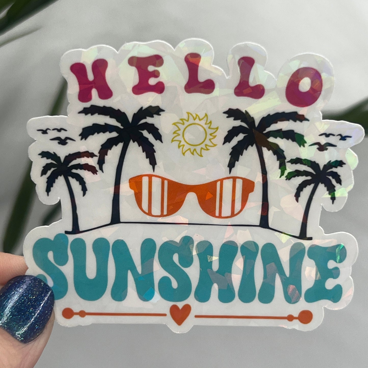 Hello Sunshine Summer Holographic Sparkly Sticker Beach Life Decal Boating Sticker Summer Vacation Ocean Life Sticker Family Cruise