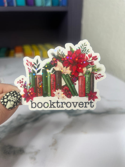 Christmas Booktrovert Holographic Sticker, Xmas Bookish Kindle Sticker Reader Decal Book Lover Christmas Gift Book Club Bookworm Sticker