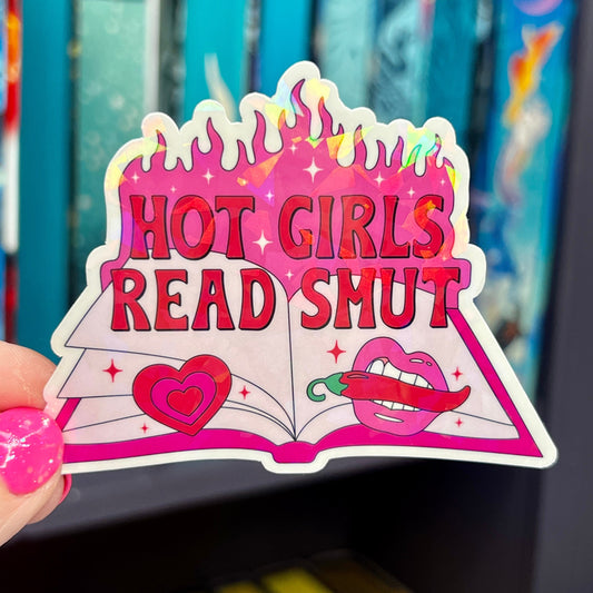 Hot Girls Read Smut Hot Pink Sticker Holographic Book Lover Sparkly Decal, Spicy Dark Romance Bookish, kindle waterbottle