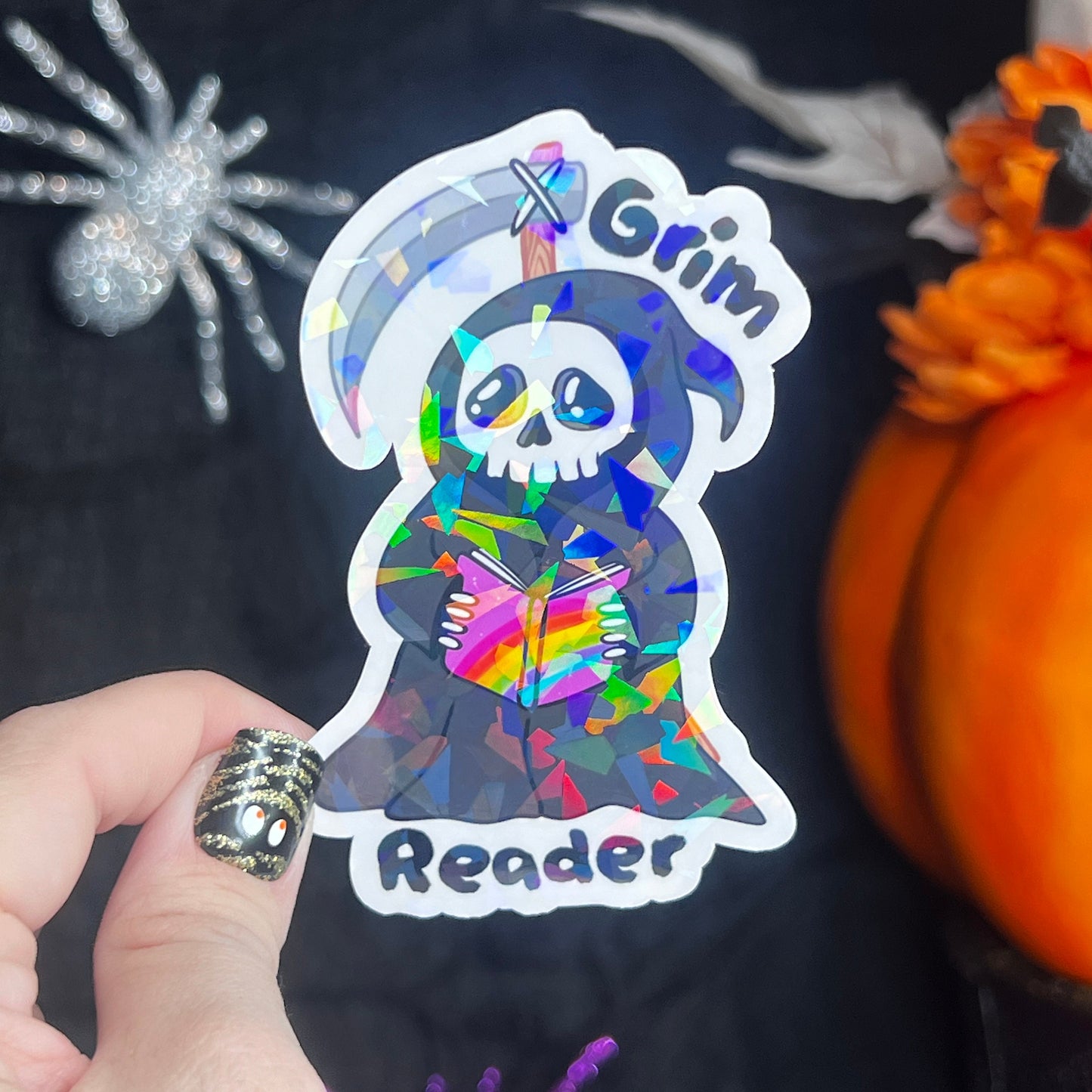 Grim Reader Reaper Halloween Holographic Sticker Halloween Kindle Decal Spooky Fall Reader Gift Bookish Decal