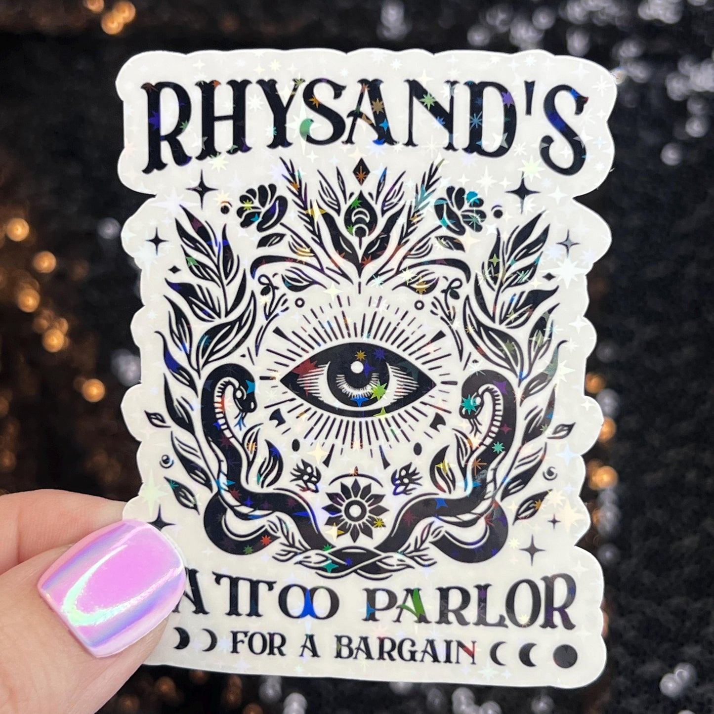 Rhysand's Tattoo Parlor A Court of Thorns and Roses Holographic Sticker Sparkly ACOTAR Decal Kindle Sticker Spicybook Sticker SJM Stickers