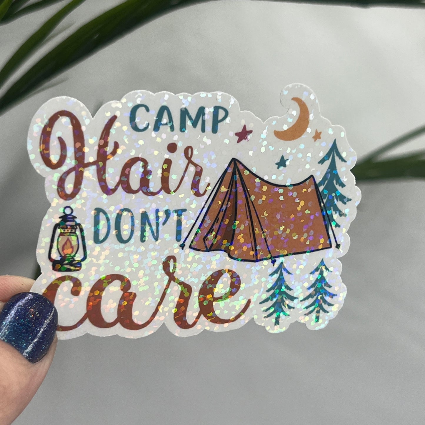 Camp Hair Don’t Care Holographic Sparkly Sticker Adventure Sticker RV Sticker Outdoor Decal Nature Sticker Travel Hiking Backpacking