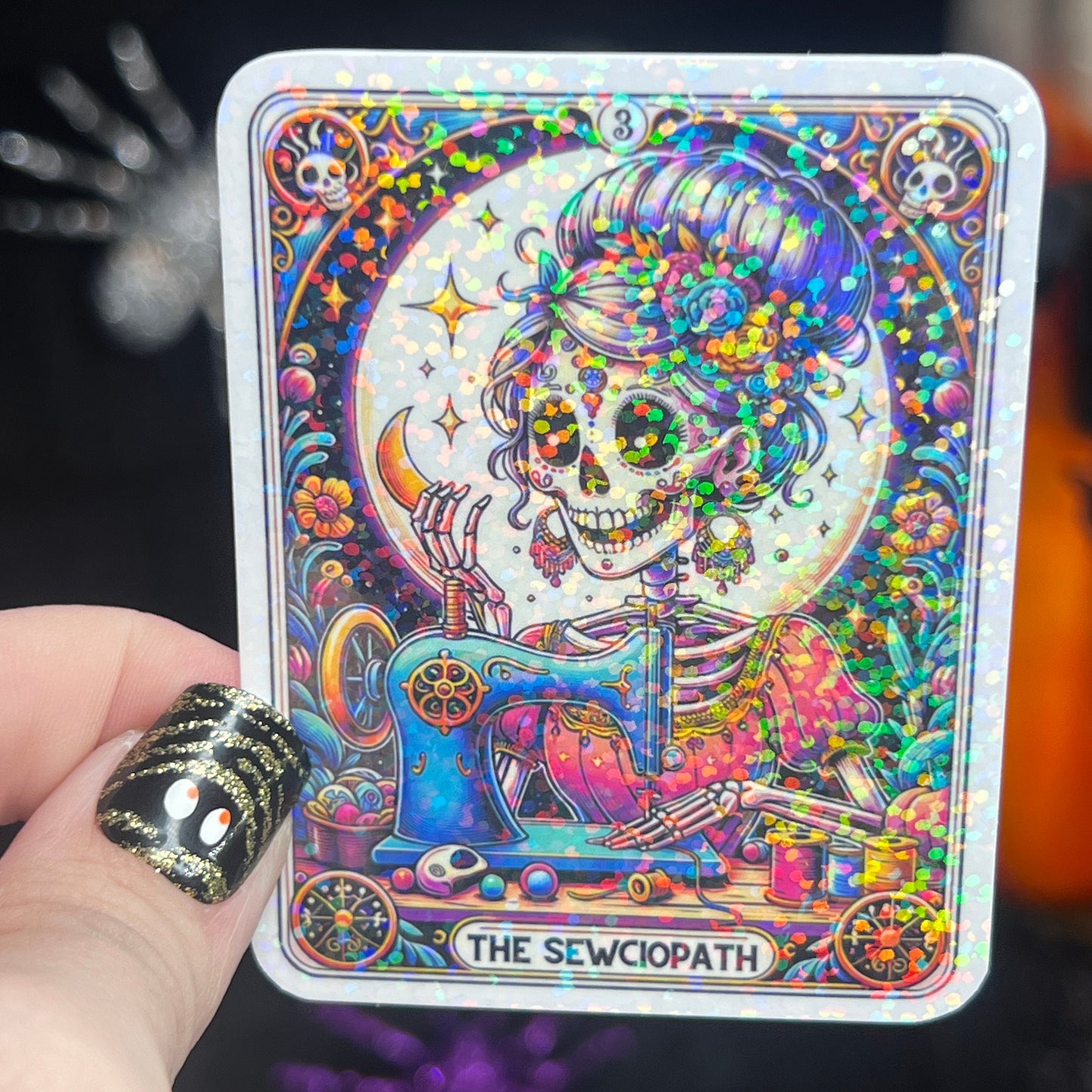 The Sewciopath skeleton holographic sticker thimble quilting sticker quilter Halloween decal sewing machine sticker cross stitch sticker