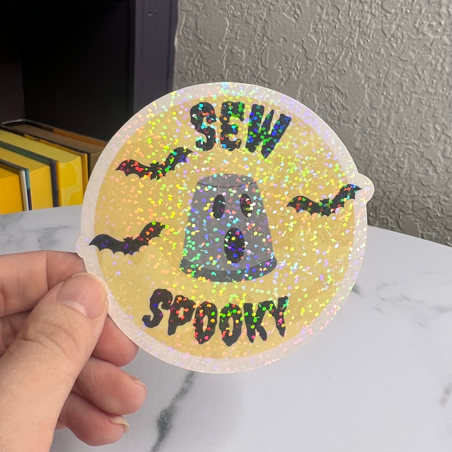 Sew Spooky holographic sticker thimble quilting sticker quilter Halloween decal sewing machine sticker sparkly cross stitch sticker