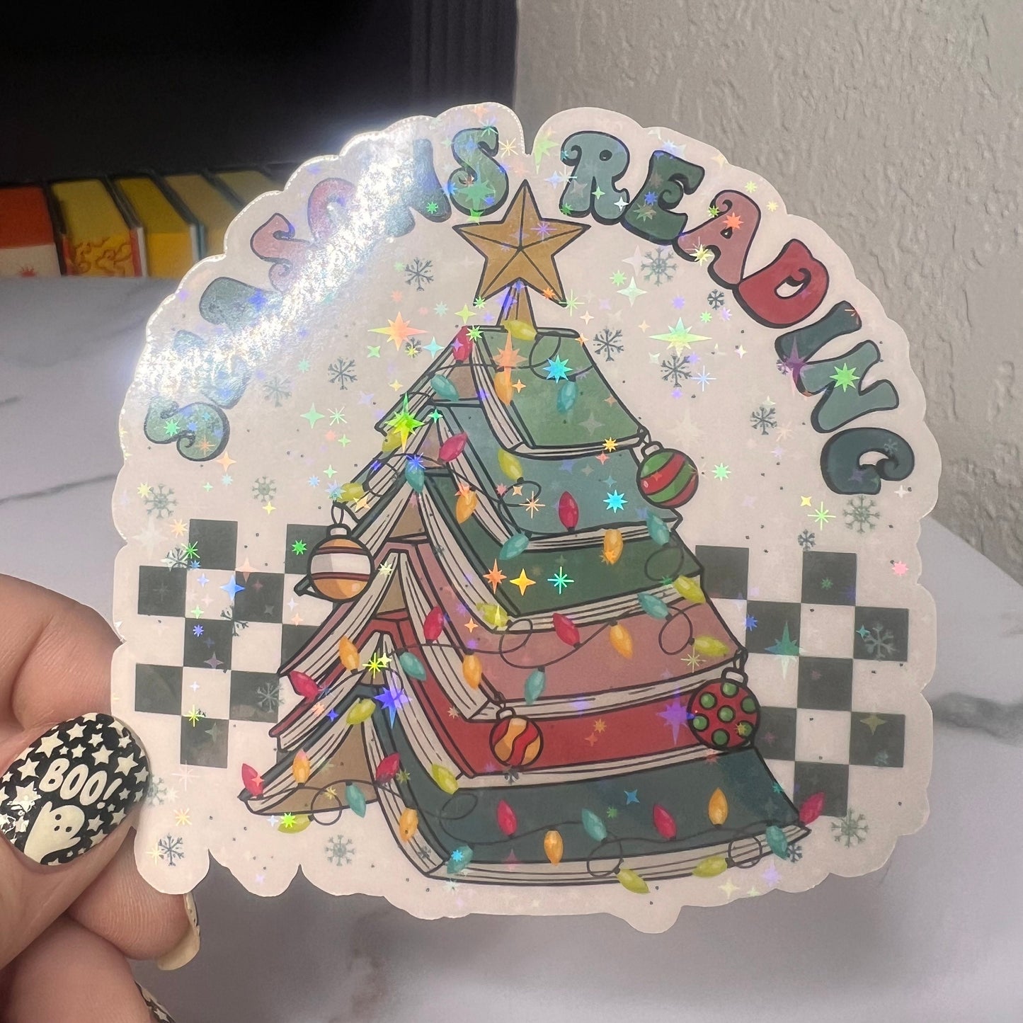 Christmas Seasons Greetings Holographic Sticker, Xmas Bookish Kindle Sticker Reader Decal Book Lover Christmas Gift Book Club Gift