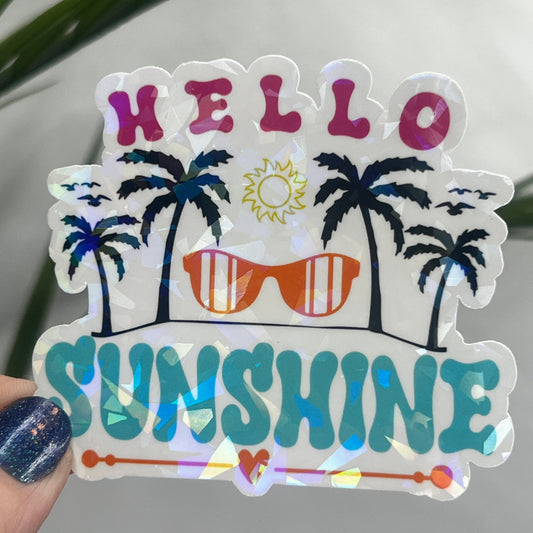 Hello Sunshine Summer Holographic Sparkly Sticker Beach Life Decal Boating Sticker Summer Vacation Ocean Life Sticker Family Cruise
