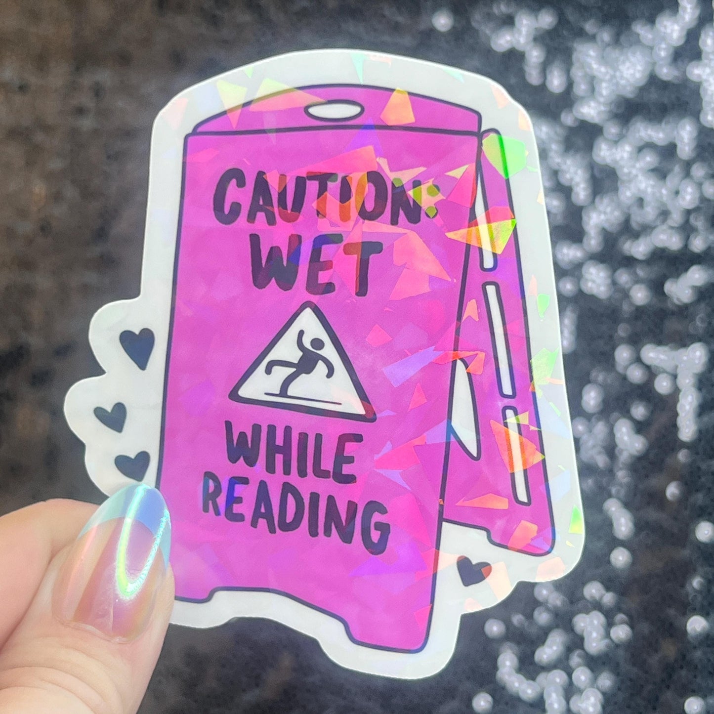 Caution Wet While Reading Funny Sparkly Sticker Holographic Book Lover, Spicy Dark Romance, Booktok, kindle waterbottle laptop Romance Decal