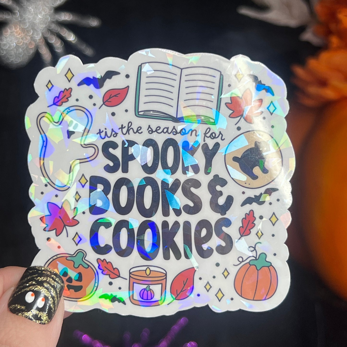 Tis the Season of Spooky Books & Cookies Halloween Holographic Sticker Halloween Kindle Decal Spooky Fall Reader Gift Bookish Decal